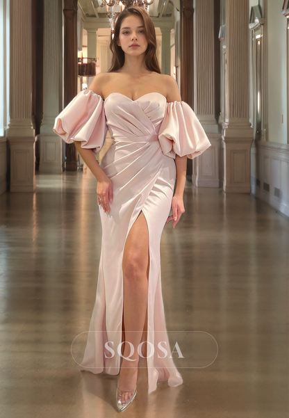 Sweetheart Floor Length Mermaid Prom Dress Puff Sleeves Satin with Slit Party Gowns