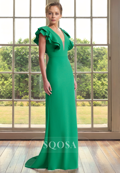 Sheath V Neck Green Long Cocktail Dress for Wedding Elegant Mother of the Bride Dress