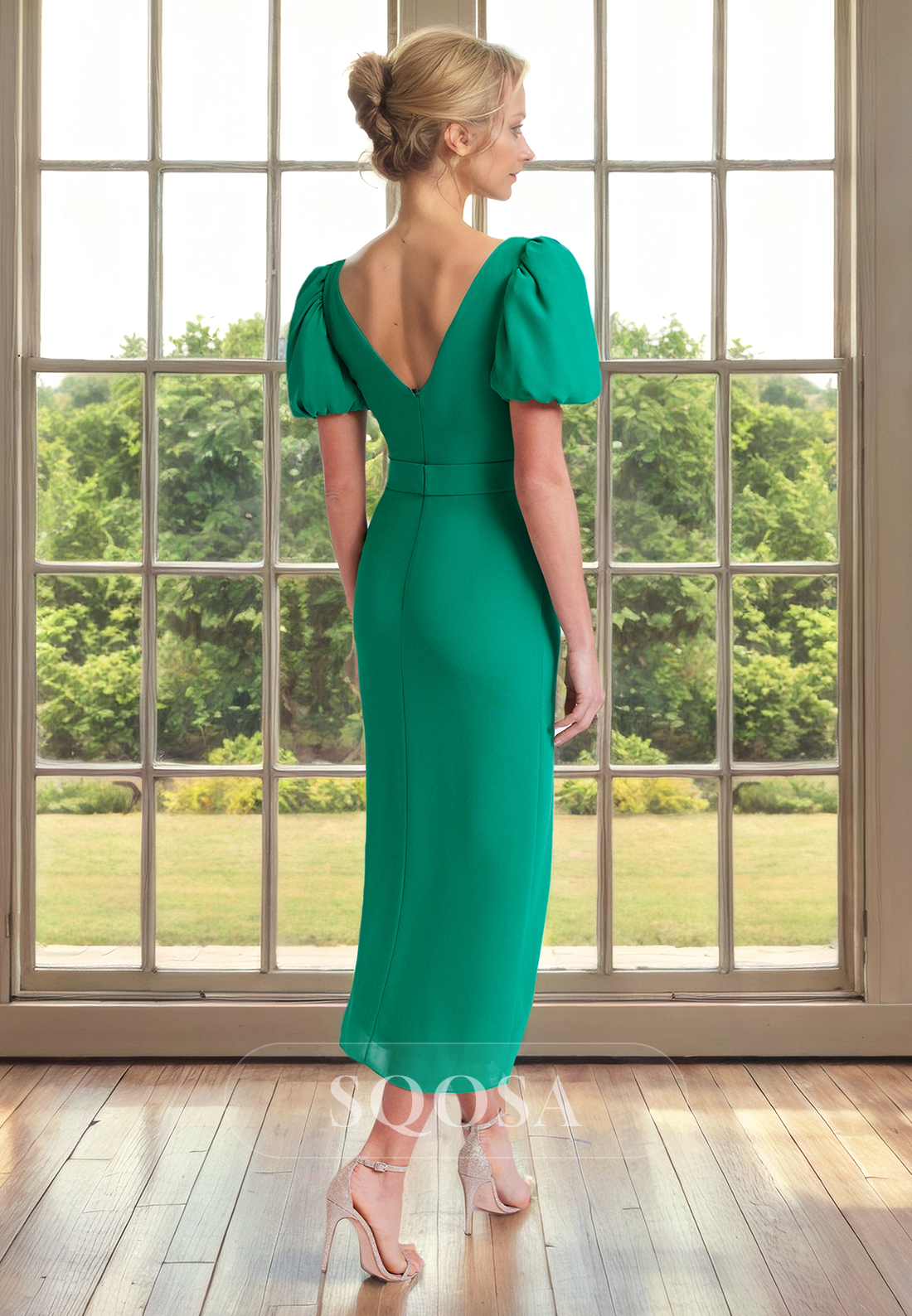 Sheath Scoop Short Sleeves Cocktail Dress Green Elegant Mother of the Bride Dress for Wedding