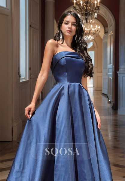 Tube Top Strapless Satin Floor-Length A-Line Prom Dress Sleeveless Pleated Formal Evening Gowns