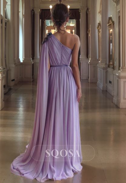 A Line One Shoulder Chiffon Beads Long Prom Dress with Slit Formal Party Gown