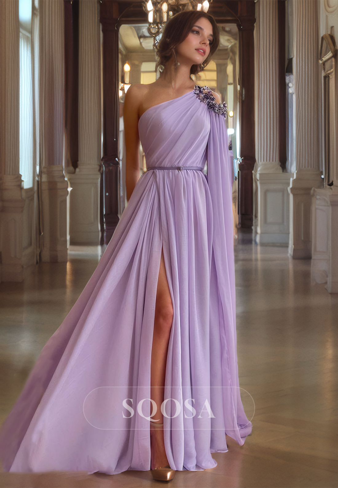 A Line One Shoulder Chiffon Beads Long Prom Dress with Slit Formal Party Gown