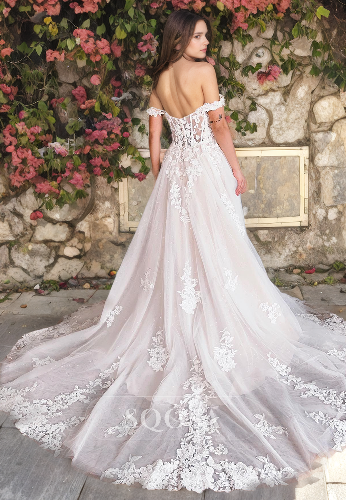 Sweetheart A-Line High Slit Satin with Long Train Wedding Dress with Floral Lace Applique