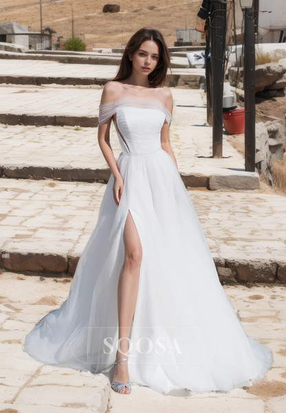 Elegant Tube Top Sleeveless High Split Beach Gowns with Train Off-Shoulder A-Line Boho Wedding Dress