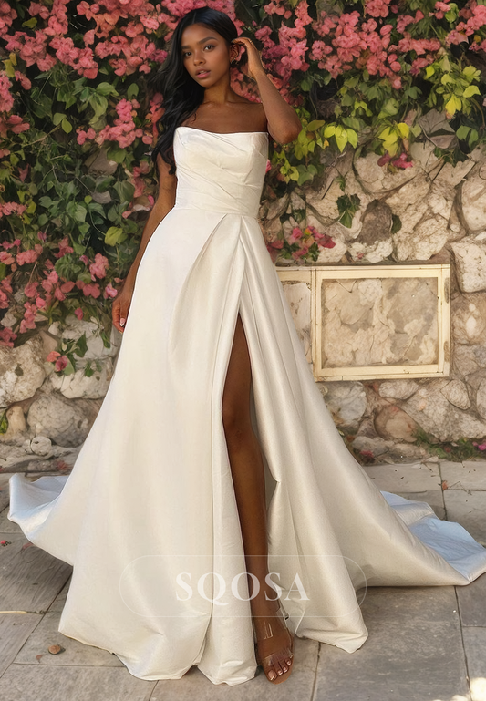 A-Line Sweetheart High Slit Satin with Long Train Wedding Dress with Pleated