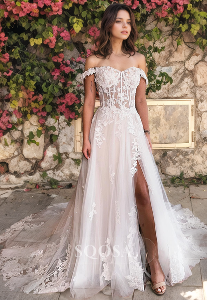 Sweetheart A-Line High Slit Satin with Long Train Wedding Dress with Floral Lace Applique