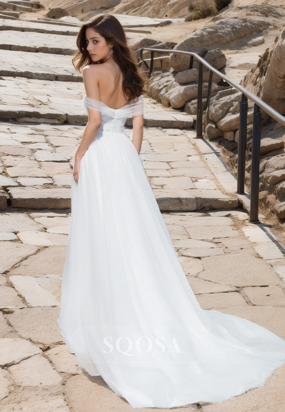 Elegant Tube Top Sleeveless High Split Beach Gowns with Train Off-Shoulder A-Line Boho Wedding Dress