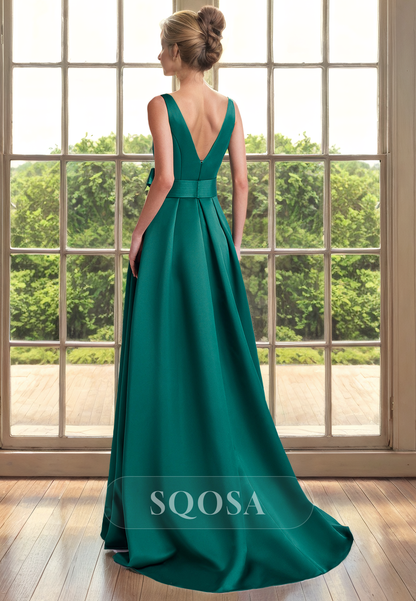 A Line Bateau Green Satin Long Cocktail Dress with Pockets Simple Mother of the Bride Dress