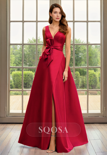 A Line V Neck Satin Simple Long Cocktail Dress with Pockets Mother of the Bride Dress