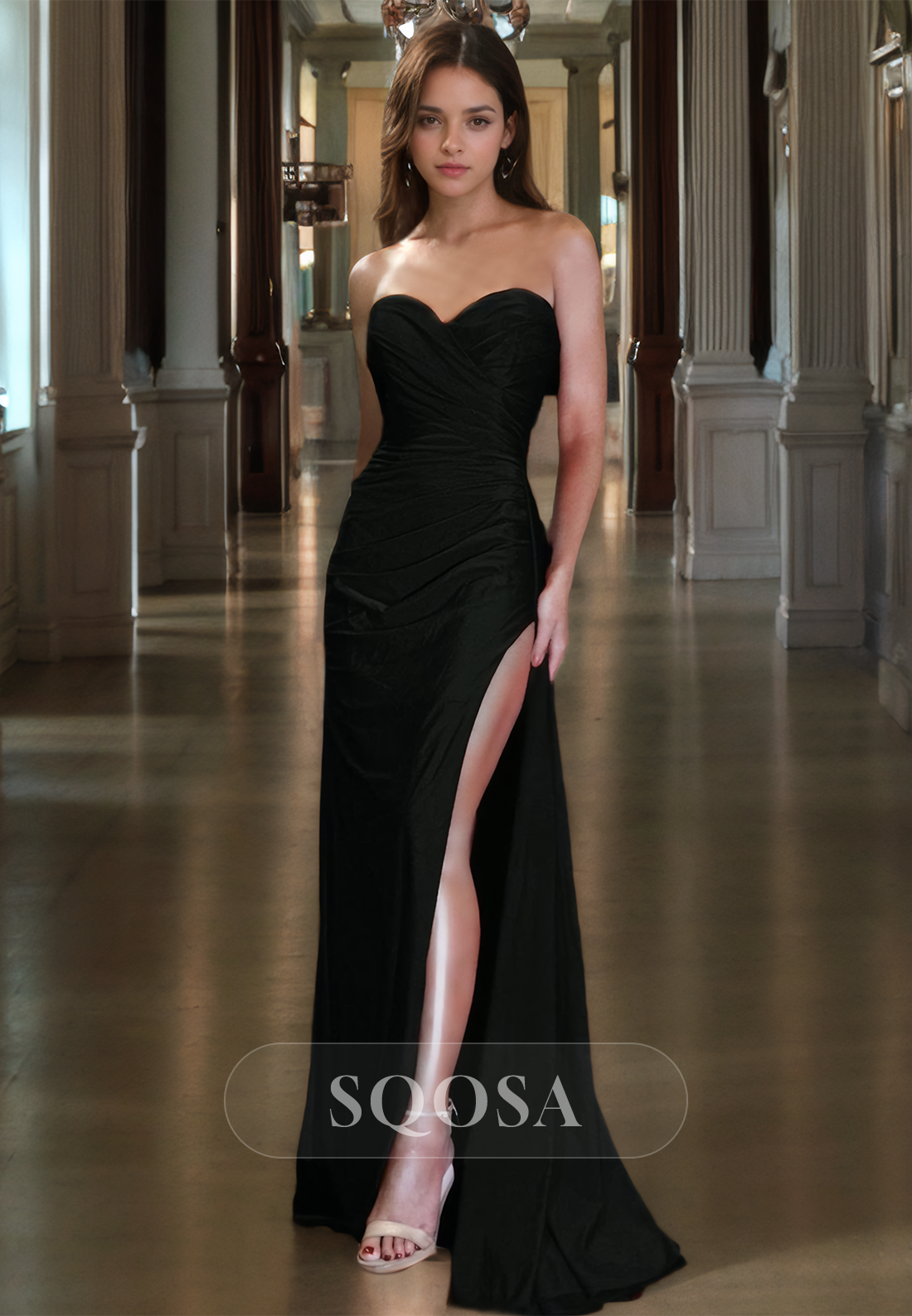 Sweetheart Sleeveless Fitted Prom Dress Floor Length Pleated with Slit Party Gowns