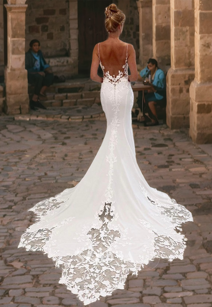 V-Neck Spaghetti Straps Mermaid Wedding Dress with Train Sleeveless Lace Bridal Dress