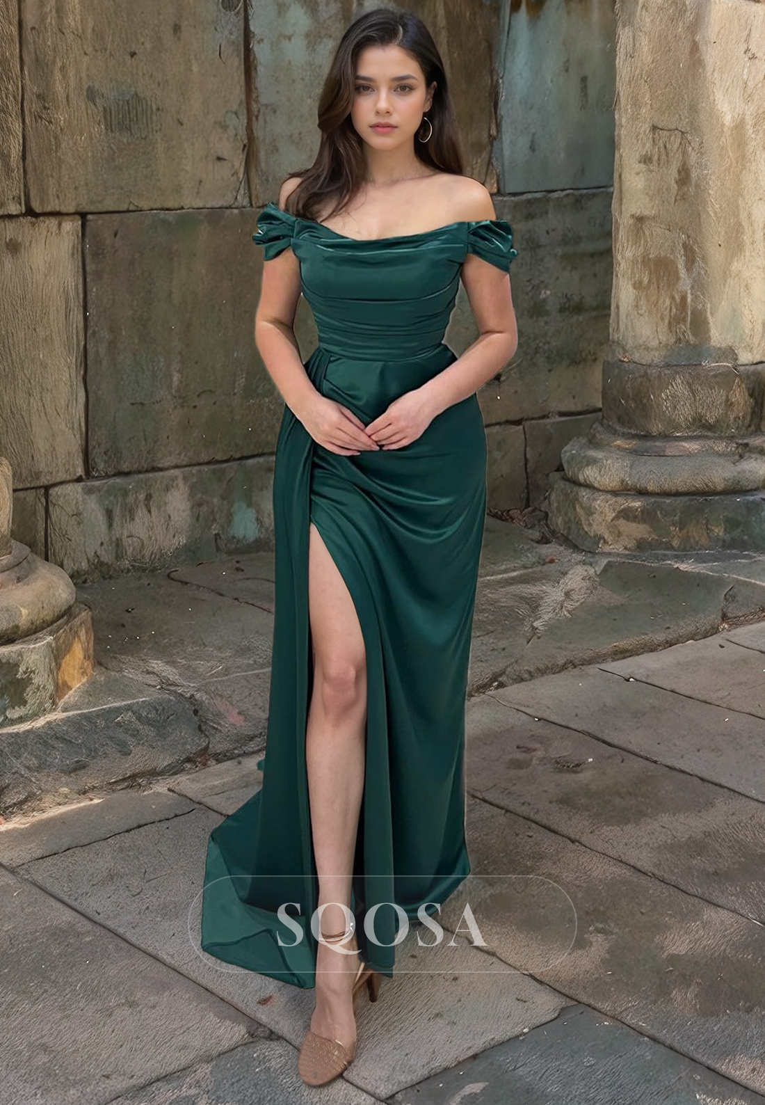 Simple Prom Dress Scoop-Neck Sleeveless Fitted Slit with Sweep Train for Evening Party