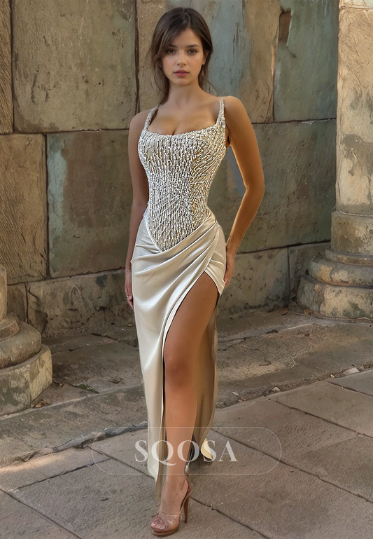 Scoop-Neck Floor Length Slit Prom Dress Blouson with Applique and Beaded for Dinner Party