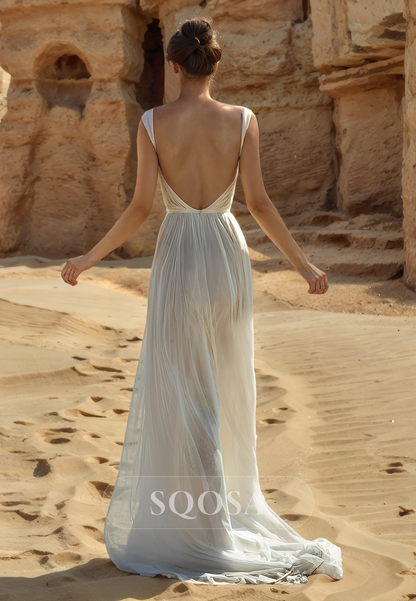 A Line Sweetheart Pleats Beach Wedding Dress with Split Boho Wedding Gown