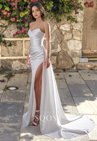 Sweetheart Fitted Satin Wedding Gown Sleeveless Slit with Sweep Train Wedding Dress