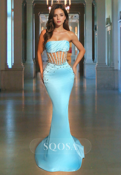 Tube Top Sleeveless Beaded Mermaid Dress Floor Length with Illusion Cutout Prom Dress