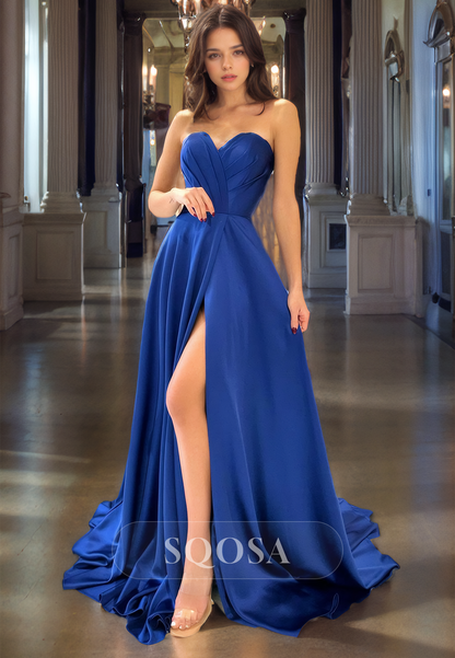 A Line Sweetheart Satin Pleats Long Prom Dress with Slit Formal Gown