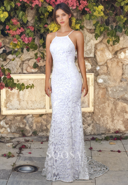 Beach Wedding Dress Scoop-Neck Sleeveless Mermaid Floor Length Allover Lace with Straps Wedding Gown