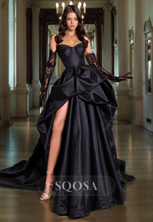 Ball Gown Sweetheart Black Satin Pleats Long Prom Dress with Gloves Side Slit Formal Party Gown