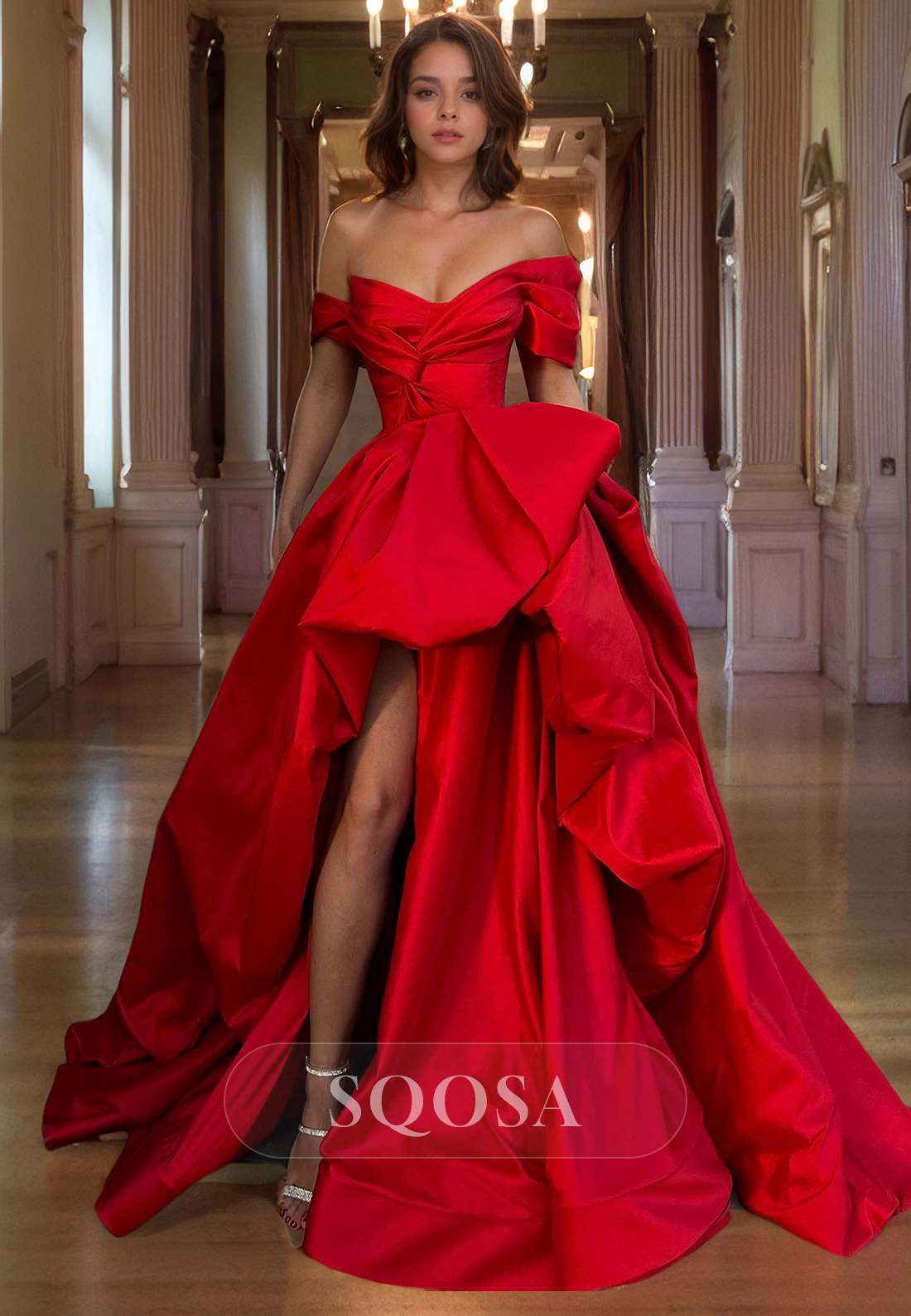 Ball Gown Strapless Satin Pleats Red Long Prom Dress with Slit Formal Gown