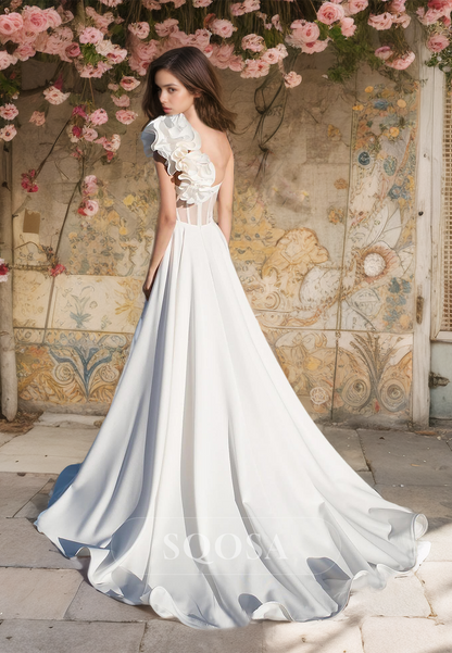 Sweetheart One-Strap Satin A-Line Wedding Dress Sleeveless Floral Embossed with Train Bridal Gowns