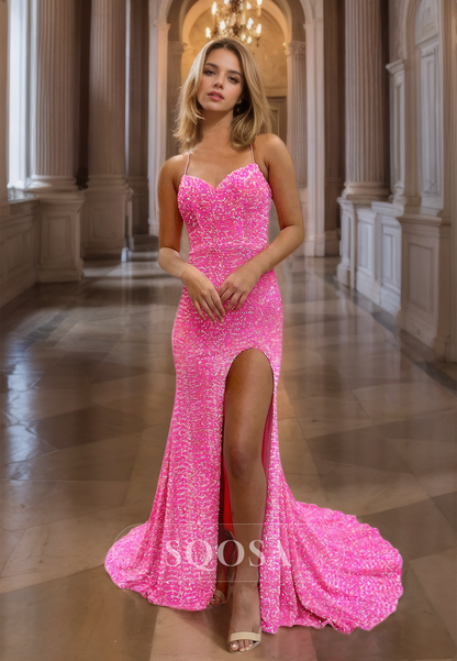 Sweetheart Spaghetti Straps Mermaid Prom Dress Glitter-Knit Slit Party Gowns with Train