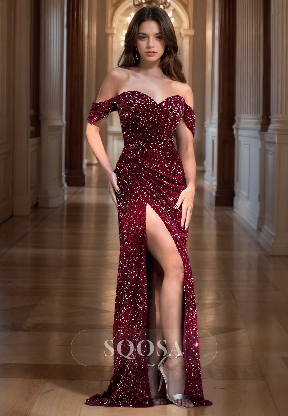 Off-Shoulder Sweetheart Sleeveless Evening Gown with Slit Allover Sequins Fitted Prom Dress