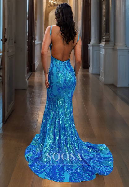 V-Neck Spaghetti Strapless Sleeveless Mermaid Prom Dress Glitter Appliques Party Gowns with Train