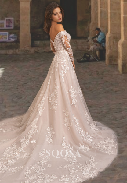 Sweetheart Long Sleeves Wedding Dress with Lace Appliques Sweep Train A-Line Bridal Gowns