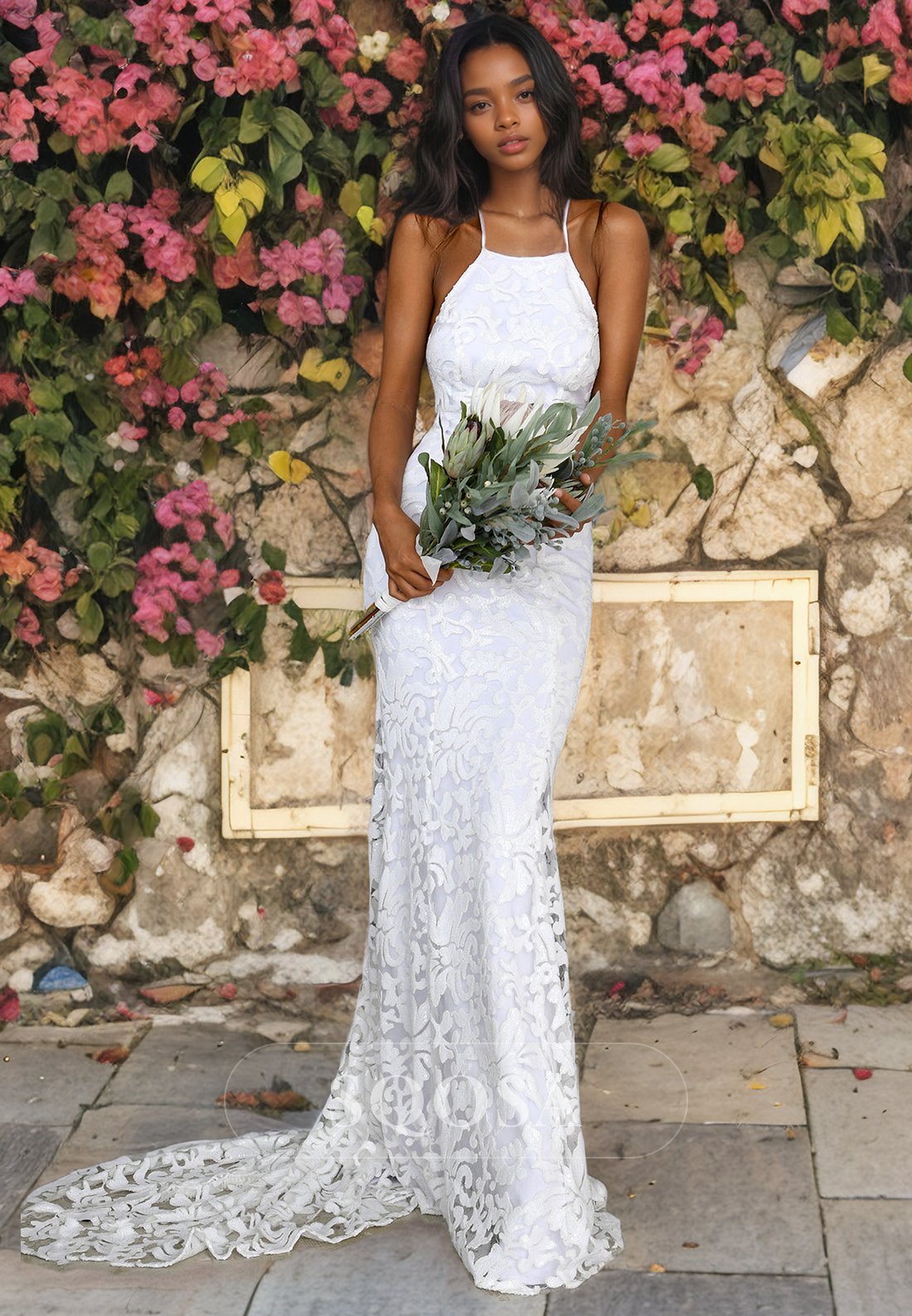 Beach Wedding Dress Scoop-Neck Sleeveless Mermaid Floor Length Allover Lace with Straps Wedding Gown