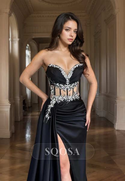 Sweetheart Sleeveless A-Line Prom Dress Beaded Cutout High Split  Train Formal Evening Dress