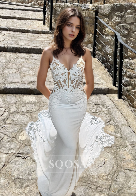 Appliques with Sweep Train Bridal Gowns V-Neck Spaghetti Straps Satin Mermaid Wedding Dress