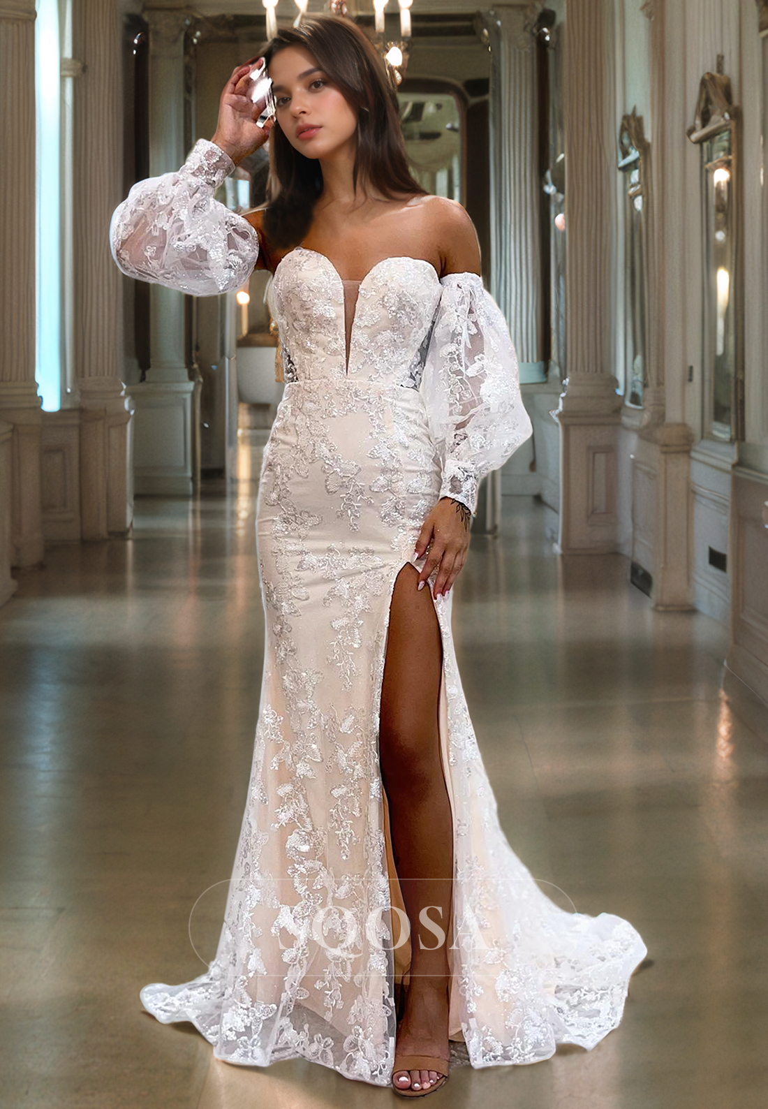 Plunging V Neck V Neck Long Sleeves Lace Mermaid Prom Dress with Slit Party Gown