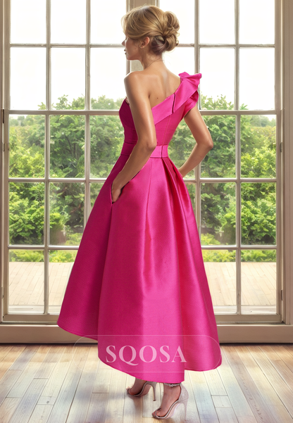 A Line One Shoulder Elegant Cocktail Dress for Wedding Mother of the Bride Dress with Pockets