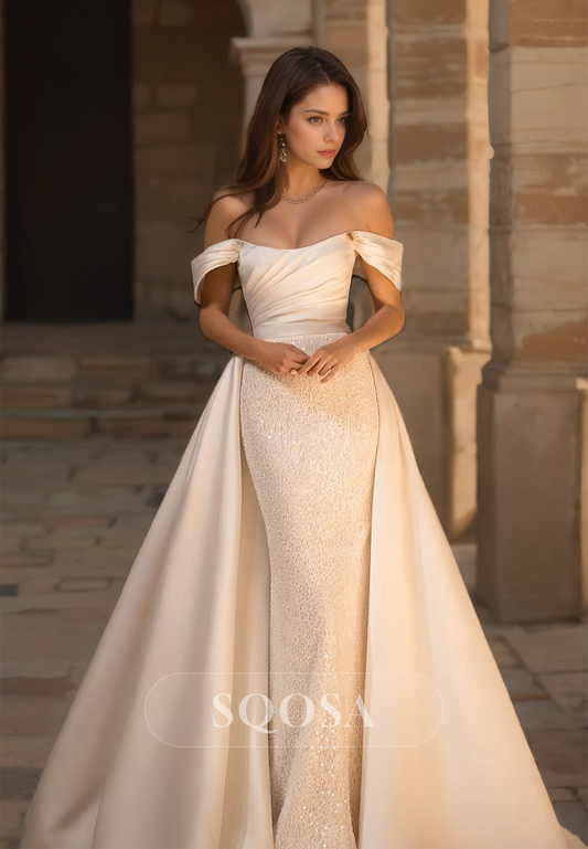 Off-Shoulder Lace Fitted Bridal Gown Sleeveless Beaded Pleated Wedding Dress with Satin Overskirt