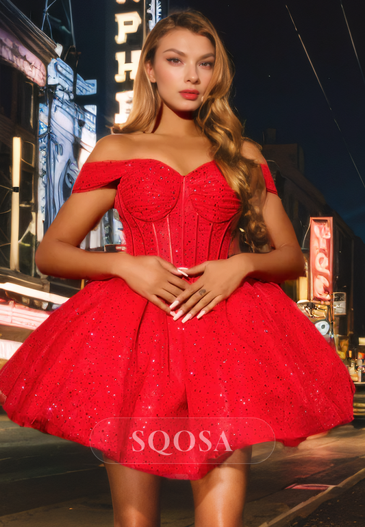 Ball Gown Off Shoulder Red Cute Homecoming Dress Short Graduation Dress