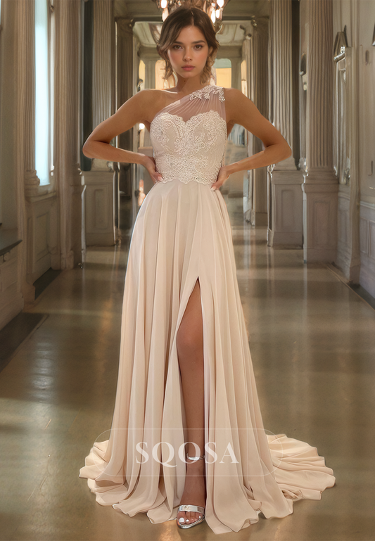 A Line One Shoulder Lace Appliques Chiffon Long Formal Evening Gown with Slit