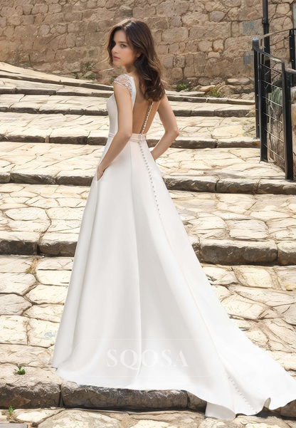 Simple Cap-Sleeves Scoop-Neck Beaded Satin A-Line Wedding Dress with Sweep Train