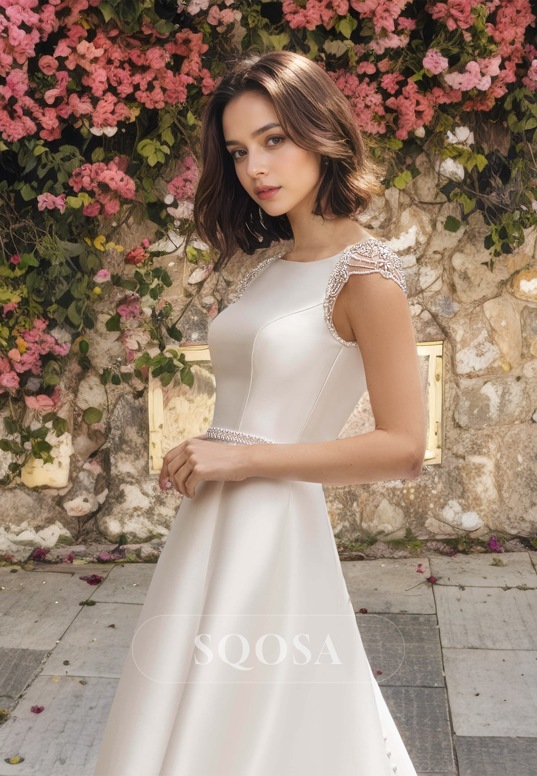 Simple Cap-Sleeves Scoop-Neck Beaded Satin A-Line Wedding Dress with Sweep Train