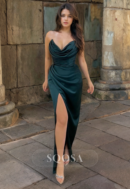 Simple V-Neck Sleeveless Fitted Party Gowns Floor Length with Slit Prom Dress