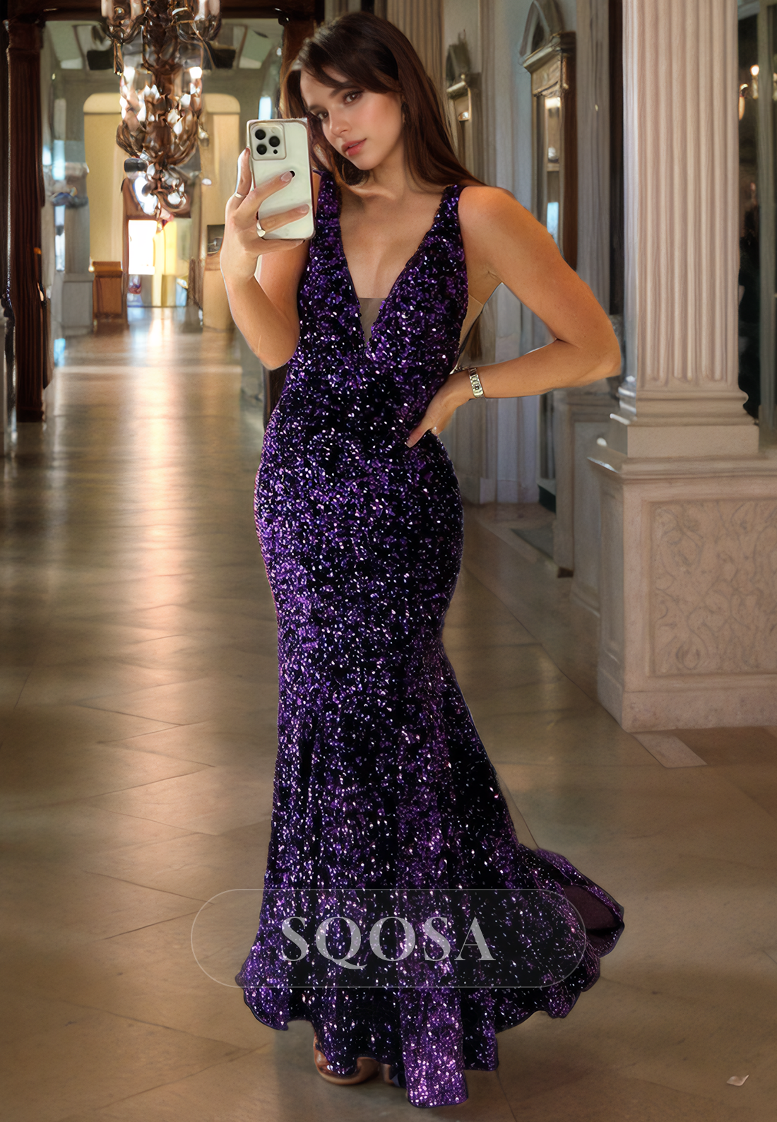 Sexy V neck Sequins Sparkly Prom Dress Mermaid Formal Party Dress