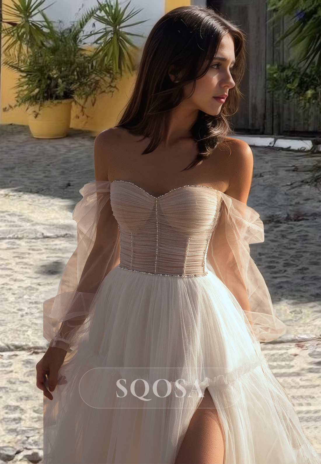 A-Line Sweetheart Long Sleeves Boho Wedding Dress Cutout Tulle Beaded Slit with Train Beach Gowns