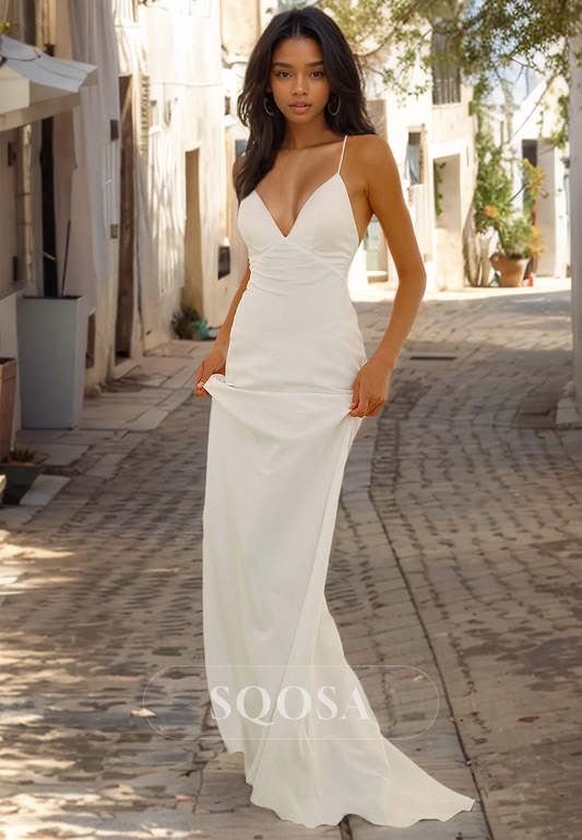 V-Neck Spaghetti Straps Boho Wedding Dress Off-Shoulder Mermaid Beach Wedding Gown