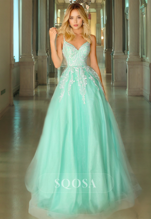 Ornate A-Line V-Neck Sleeveless Spaghetti Straps Tulle with Asymmetrical Prom Dress