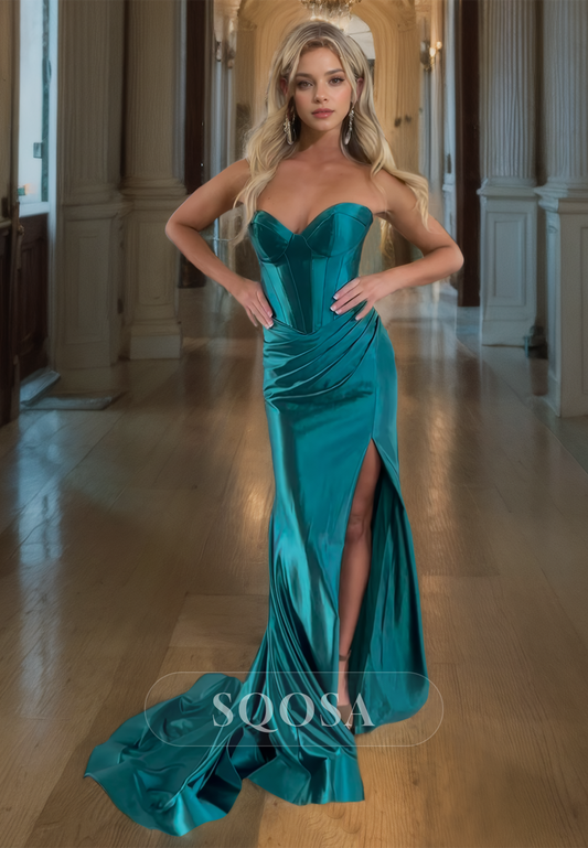 Sweetheart Sleeveless Mermaid Prom Dress Sweep Train Pleated Formal Dress with Slit