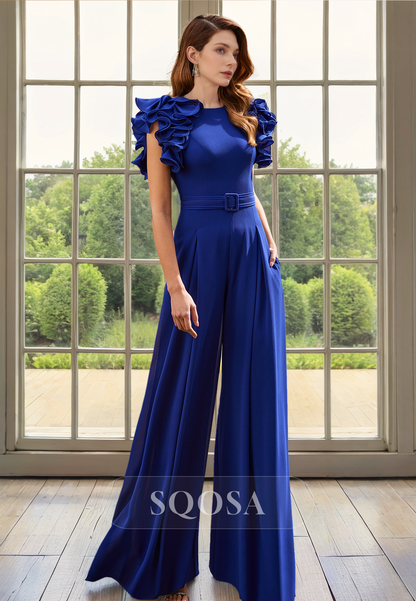 Elegant Bateau Short Sleeves Pant Suits with Pockets Mother of the Bride Dress