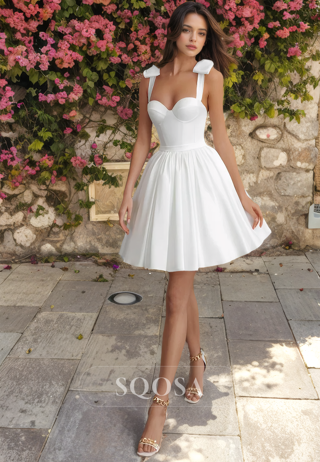 Sweetheart Bows Straps Wedding Dress A-Line Sleeveless Satin Boho Short Wedding Gowns