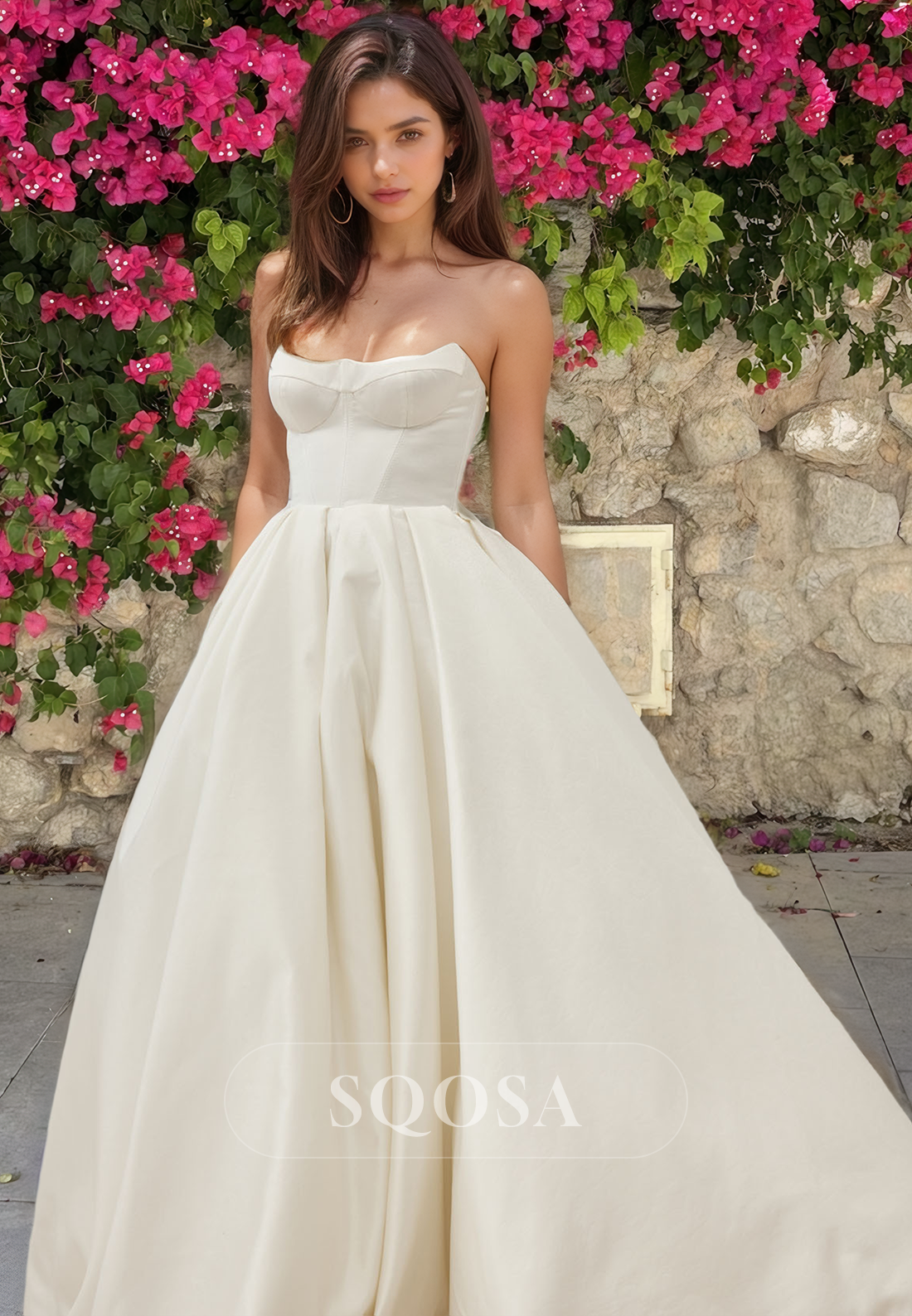 Simple Sweetheart Sleeveless A-Line Bridal Gown Off-Shoulder Satin Wedding Dress with Train