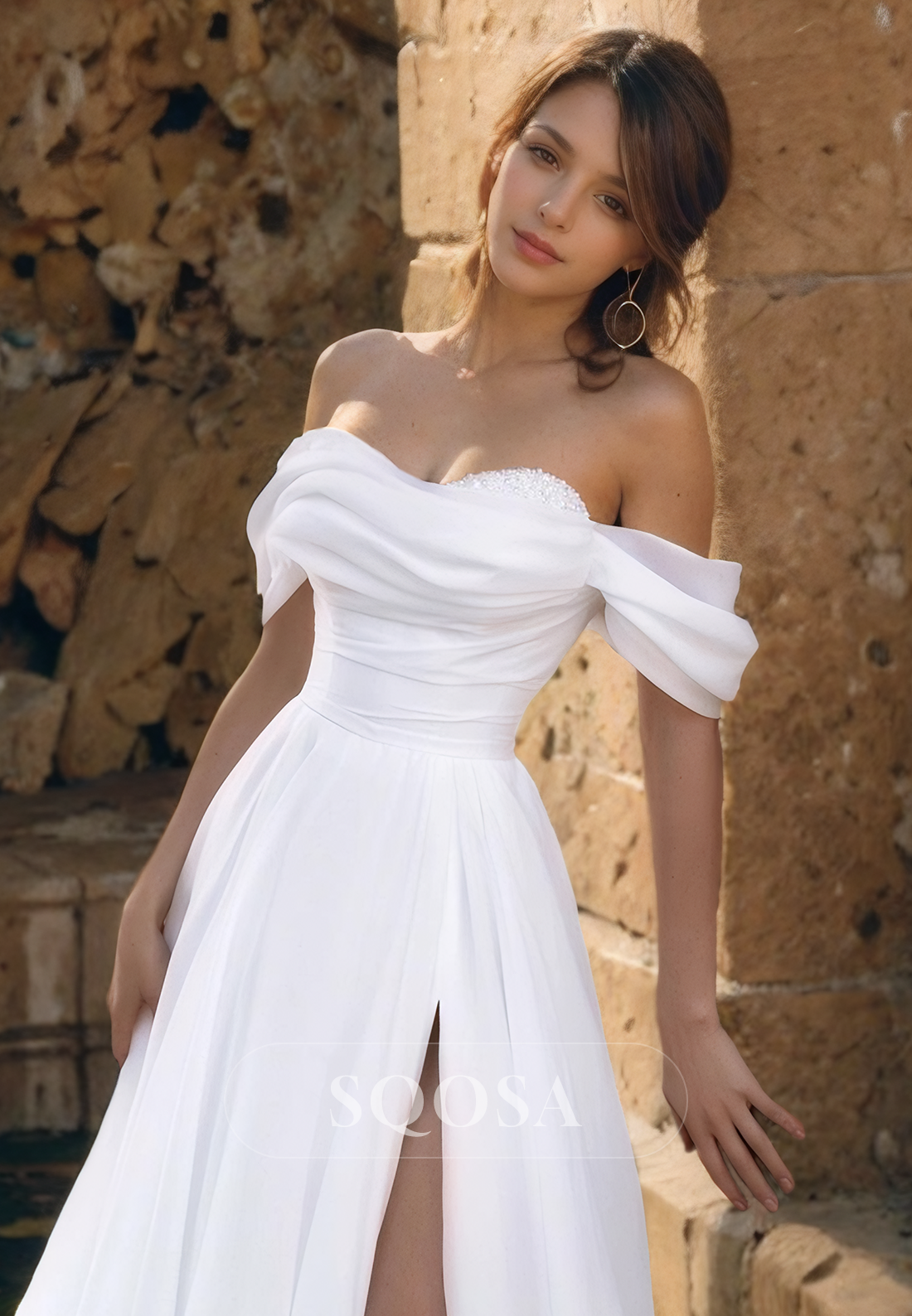 Off-Shoulder A-Line Sweetheart Pleated Beaded Chiffon With Train Wedding Dress