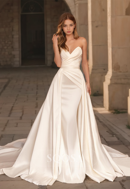 V-Neck Sleeveless Pleated Satin Mermaid Wedding Dress Sweep Train Bridal Dress with Overskirt